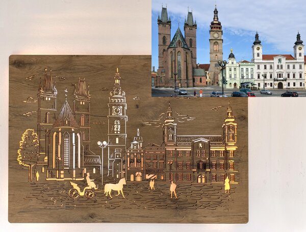 "Hradec Králové" světelný obraz 230V 100x70cm provedení povrchu: dub světlý
