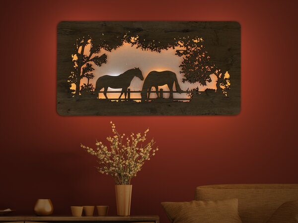 "Koně" světelný obraz 230V 120x60cm provedení povrchu: dub světlý