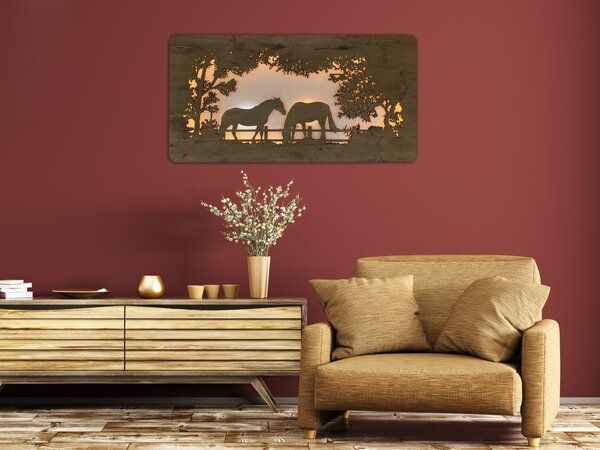 "Koně" světelný obraz 230V 120x60cm provedení povrchu: dub světlý