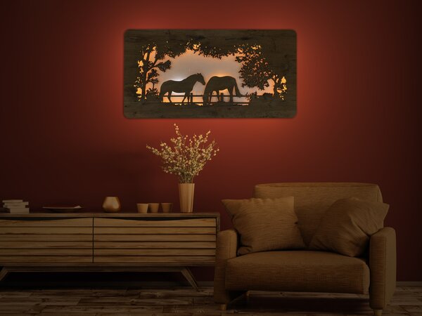 "Koně" světelný obraz 230V 120x60cm provedení povrchu: dub světlý