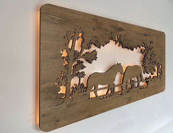 "Koně" světelný obraz 230V 120x60cm provedení povrchu: dub světlý