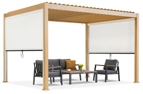 Volně stojící terasová pergola Lagos 3x4 s 3m bočními roletami Garden Point ve tvaru dřeva - bílá