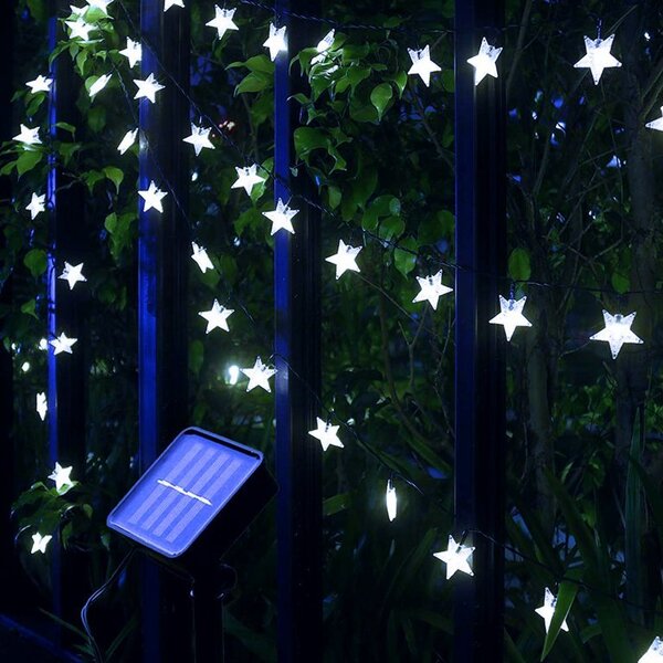 Solární vánoční řetěz s hvězdičkami, studená bílá, 5m, 30 LED