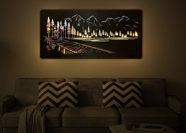 "Pod vrcholy hor" světelný obraz s baterií 120x60cm varianta ovládání: manuál/pohybové čidlo, provedení povrchu: dub světlý