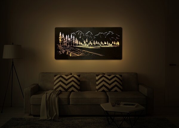 "Pod vrcholy hor" světelný obraz s baterií 120x60cm varianta ovládání: manuál/pohybové čidlo, provedení povrchu: dub světlý