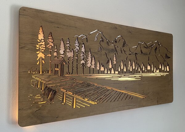 "Pod vrcholy hor" světelný obraz 230V 120x60cm provedení povrchu: dub světlý