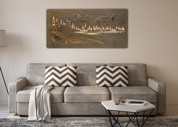 "Pod vrcholy hor" světelný obraz s baterií 120x60cm varianta ovládání: manuál/pohybové čidlo, provedení povrchu: dub světlý