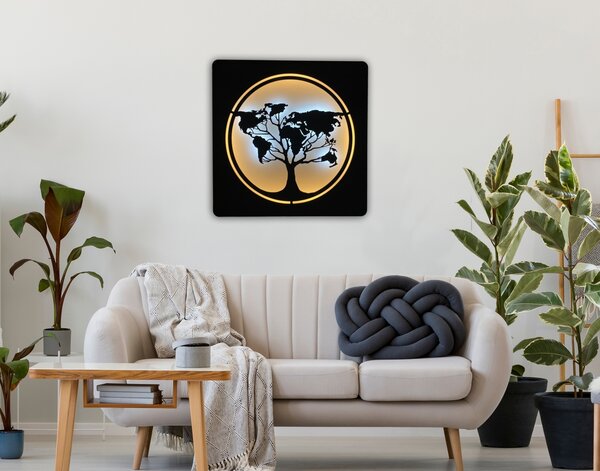 "Mapa světa v kruhu" světelný obraz 230V 70x70cm provedení povrchu: dub světlý