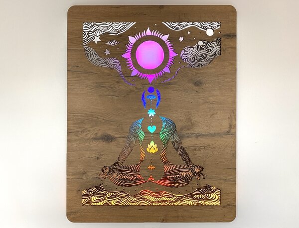 "Čakry" světelný obraz s baterií 70x90cm varianta ovládání: manuál/pohybové čidlo, provedení povrchu: dub světlý