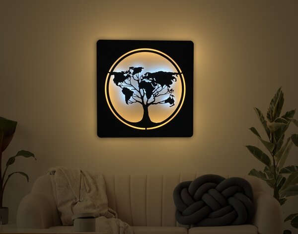 "Mapa světa v kruhu" světelný obraz 230V 70x70cm provedení povrchu: dub světlý