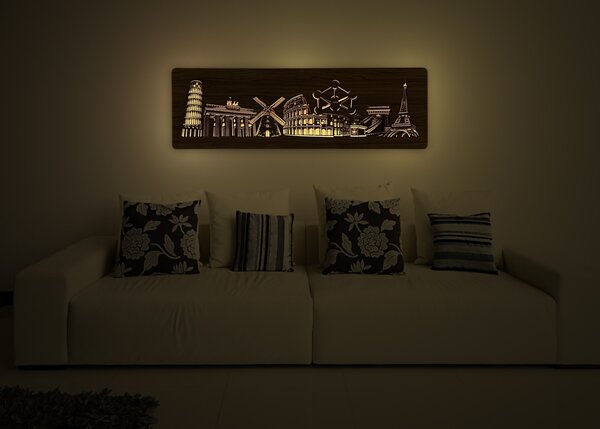 "Evropské památky" světelný obraz 230V 130x40cm provedení povrchu: dub světlý