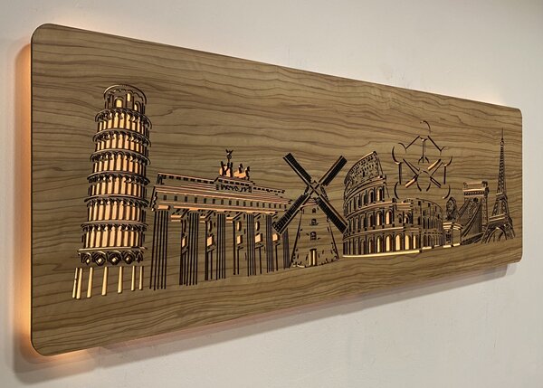 "Evropské památky" světelný obraz 230V 130x40cm provedení povrchu: dub světlý