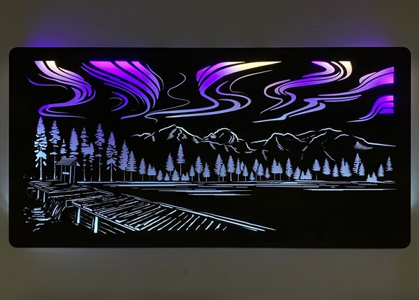 "Polární záře" světelný RGBW obraz 120x60cm provedení povrchu: dub