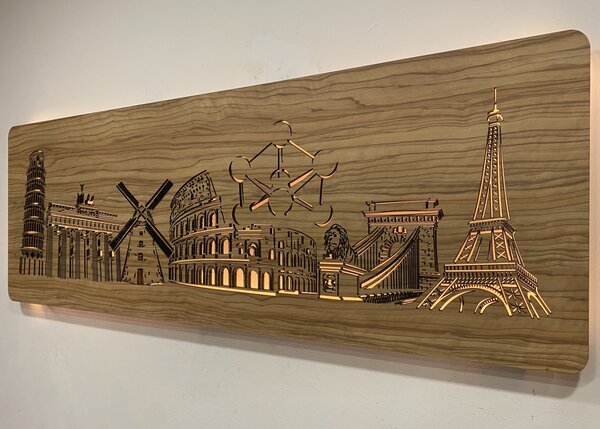 "Evropské památky" světelný obraz 230V 130x40cm provedení povrchu: dub světlý