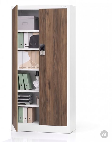 Kovová kancelářská skříň se zámkem na kód bílá, ořech, 900x1850x400 mm: DANIEL Eco Design