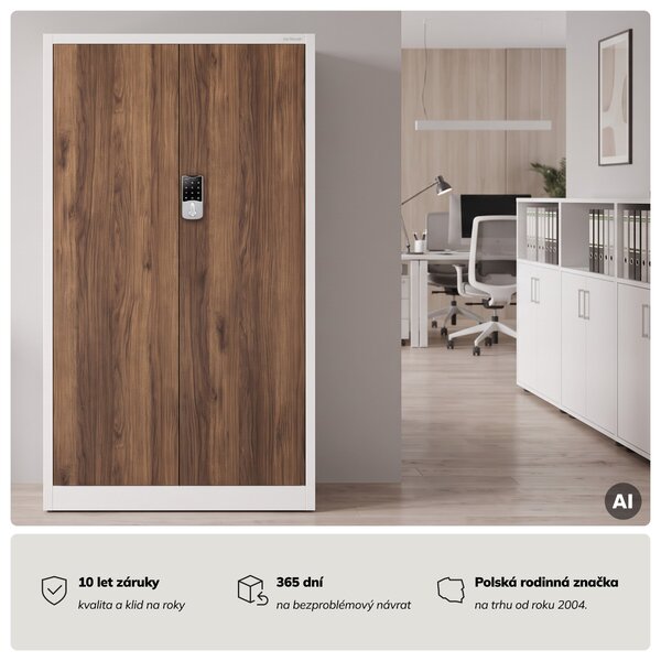 Kovová kancelářská skříň se zámkem na kód bílá, ořech, 900x1850x400 mm: DANIEL Eco Design