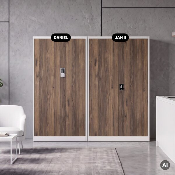 Kovová kancelářská skříň se zámkem na kód bílá, ořech, 900x1850x400 mm: DANIEL Eco Design