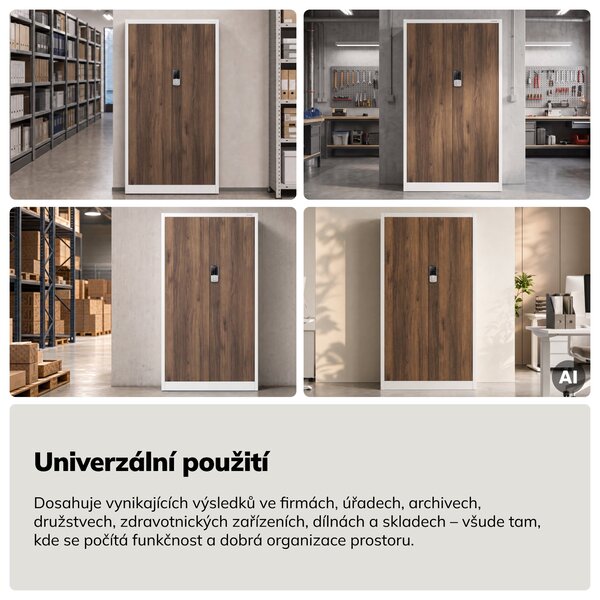 Kovová kancelářská skříň se zámkem na kód bílá, ořech, 900x1850x400 mm: DANIEL Eco Design