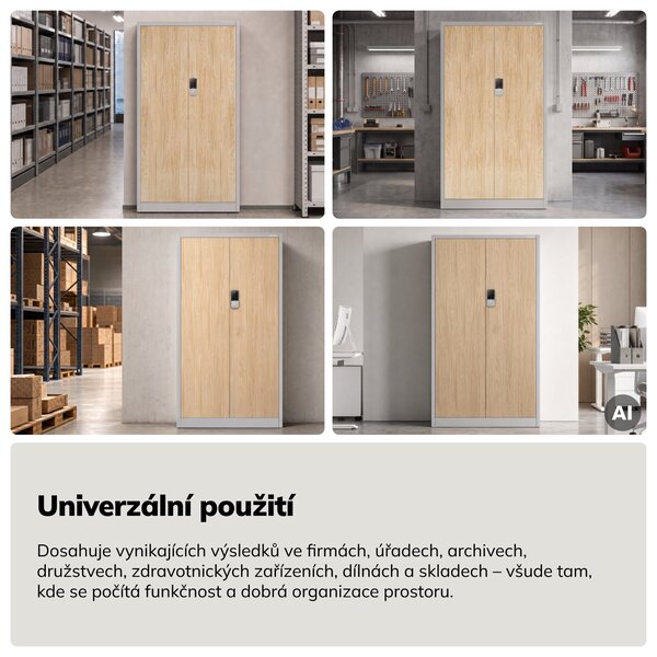 Kovová kancelářská skříň se zámkem na kód šedá, dub sonoma, 900x1850x400 mm: DANIEL Eco Design