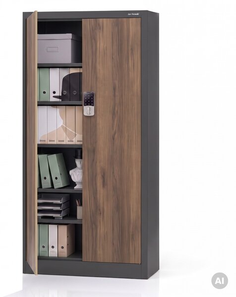 Kovová kancelářská skříň se zámkem na kód antracitová, ořech, 900x1850x400 mm: DANIEL Eco Design