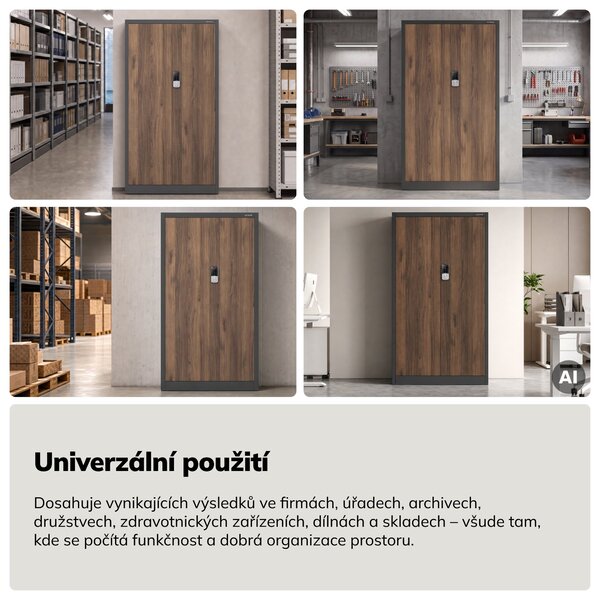 Kovová kancelářská skříň se zámkem na kód antracitová, ořech, 900x1850x400 mm: DANIEL Eco Design