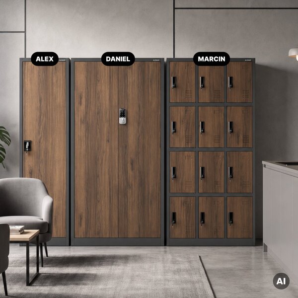 Kovová kancelářská skříň se zámkem na kód antracitová, ořech, 900x1850x400 mm: DANIEL Eco Design