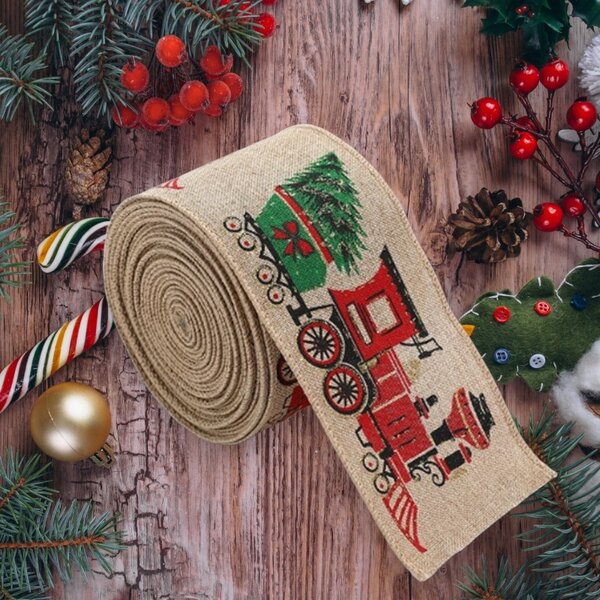 Vánoční stuha CHRISTMAS TRAIN 6,3 cm x 2 m, béžová