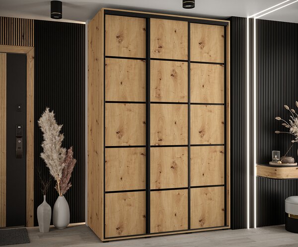 Šatní skříň s posuvnými dveřmi DAVOS 4, 160cm | DUB Artisan / černé pojezdy