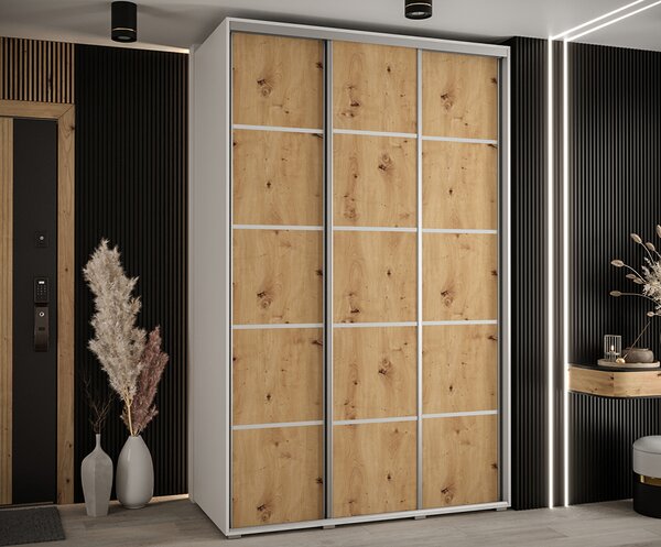 Šatní skříň s posuvnými dveřmi DAVOS 4, 160cm | Bílá / DUB Artisan / stříbrné