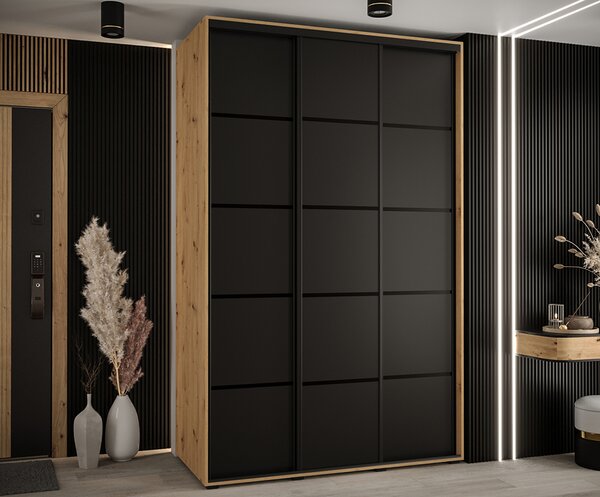 Šatní skříň s posuvnými dveřmi DAVOS 4, 160cm | DUB Artisan / černá / černé pojezdy
