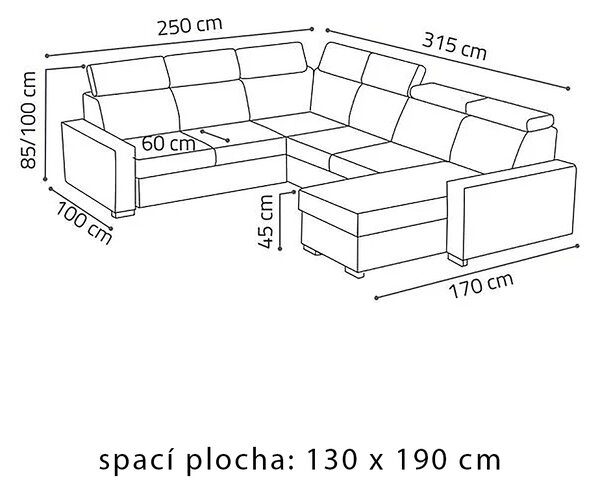 Sedací souprava PEDRO U | 250x315x170 | rozkládací + 2x úložný prostor | VÝBĚR TKANIN