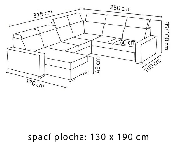 Sedací souprava PEDRO U | 170x315x250 | rozkládací + 2x úložný prostor | VÝBĚR TKANIN