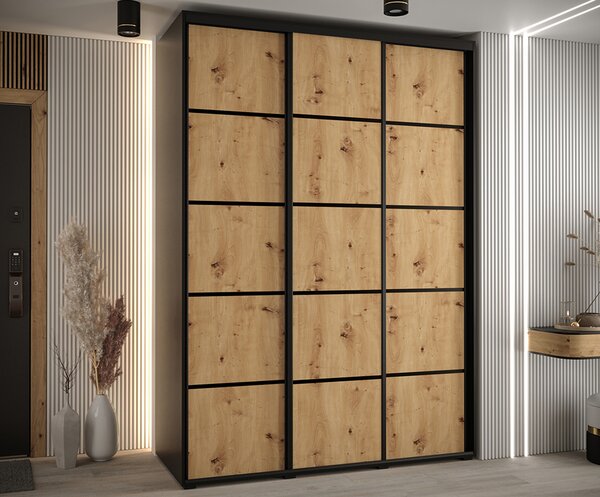 Šatní skříň s posuvnými dveřmi DAVOS 4, 170cm | Černá / DUB Artisan / černé pojezdy