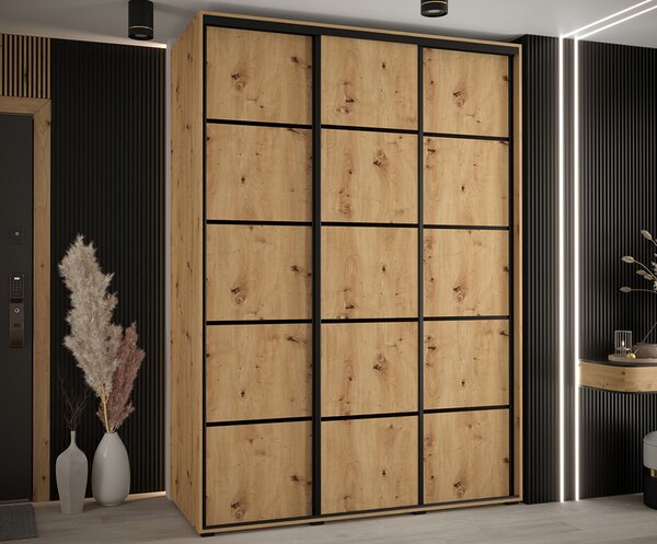 Šatní skříň s posuvnými dveřmi DAVOS 4, 170cm | DUB Artisan / černé pojezdy