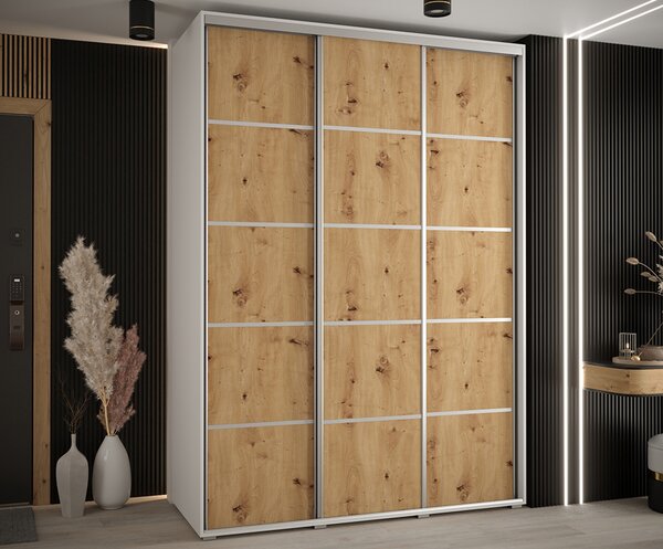 Šatní skříň s posuvnými dveřmi DAVOS 4, 170cm | Bílá / DUB Artisan / stříbrné