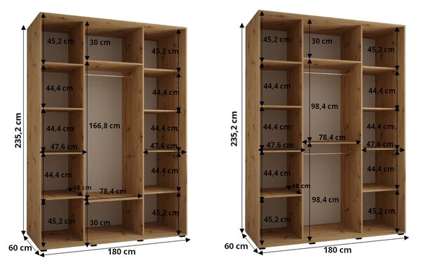 Šatní skříň s posuvnými dveřmi a zrcadlem DAVOS 7, 180cm | DUB Artisan / bílá / stříbrné