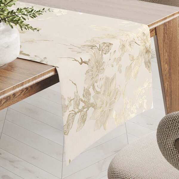 Biante Sametový běhoun na stůl Isabela Flower IBL-022 Zlaté květy na smetanovém 20x120 cm