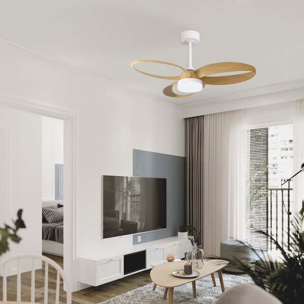 LED stropní ventilátor Infinity v dřevěném dekoru, DC, tichý – Mantra Mantra Iluminación, Infinity, stmívatelné, Dřevo, Obývací pokoj, Plast, Moderní
