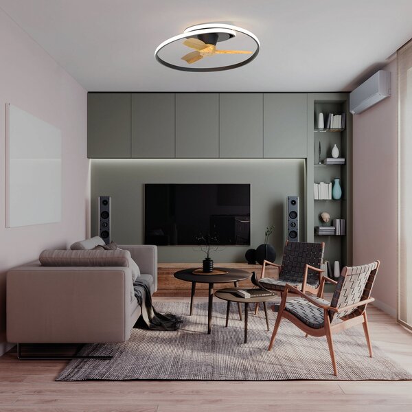 LED stropní ventilátor Ocean černý/dřevo DC tichý – Mantra Mantra Iluminación, Ocean, stmívatelné, Černá, Obývací pokoj, Plast, Moderní