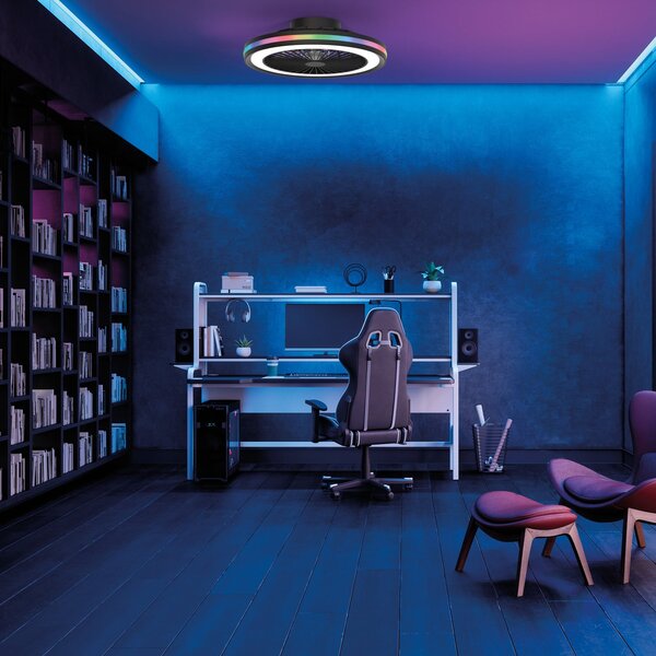 LED stropní ventilátor pro hráče, černý, DC, tichý, CCT RGB – Mantra Mantra Iluminación, Gamer, stmívatelné, Černá, Obývací pokoj, Plast, Moderní
