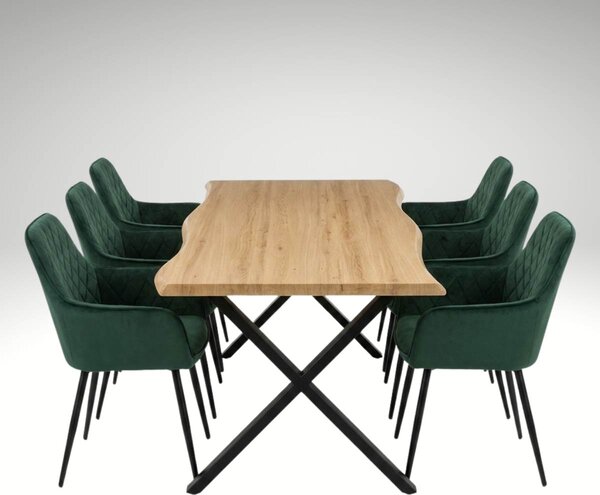 Vikio Jídelní set pro 6 osob 180x90 cm soft dub noha X zelená židle s područkami VJS228-6Z