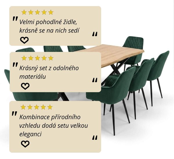 Vikio Jídelní set pro 8 osob 180x90 cm soft dub noha X zelená židle s područkami VJS228-8Z