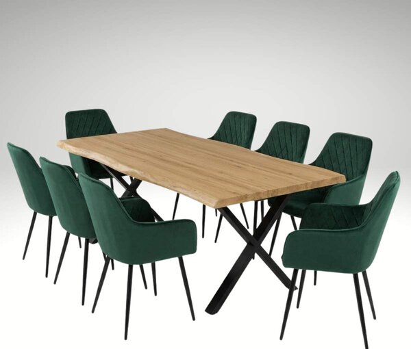 Vikio Jídelní set pro 8 osob 180x90 cm soft dub noha X zelená židle s područkami VJS228-8Z
