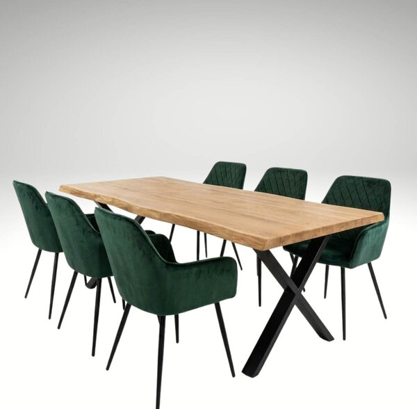 Vikio Jídelní set pro 6 osob 180x90 cm soft dub noha X zelená židle s područkami VJS228-6Z