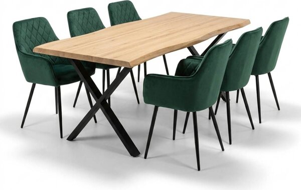 Vikio Jídelní set pro 6 osob 180x90 cm soft dub noha X zelená židle s područkami VJS228-6Z