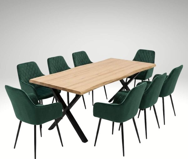Vikio Jídelní set pro 8 osob 180x90 cm soft dub noha X zelená židle s područkami VJS228-8Z