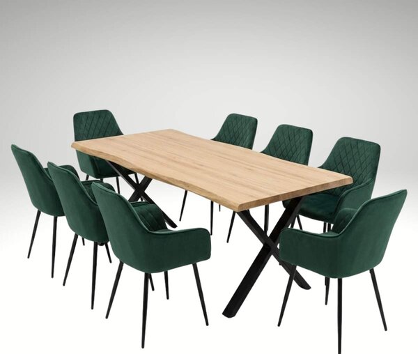 Vikio Jídelní set pro 8 osob 180x90 cm soft dub noha X zelená židle s područkami VJS228-8Z