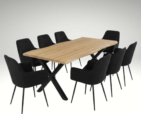 Vikio Jídelní set pro 8 osob 180x90 cm soft dub noha X černá židle s područkami VJS228-8C