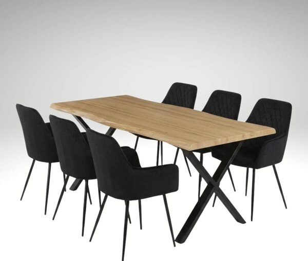 Vikio Jídelní set pro 6 osob 180x90 cm soft dub noha X černá židle s područkami VJS228-6C