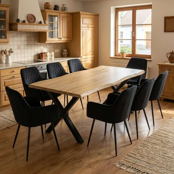 Vikio Jídelní set pro 8 osob 180x90 cm soft dub noha X černá židle s područkami VJS228-8C